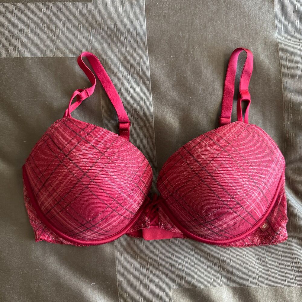 VICTORIA'S SECRET Burgundy Red Plaid Push Up Bra Size 38D